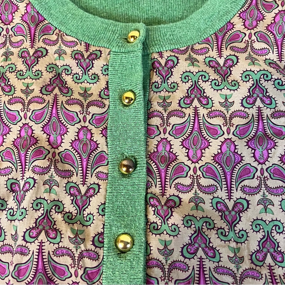 Saks Fifth Avenue Classic Green Cotton‎ and Purple Silk Blend Cardigan Sweater M - Picture 6 of 13